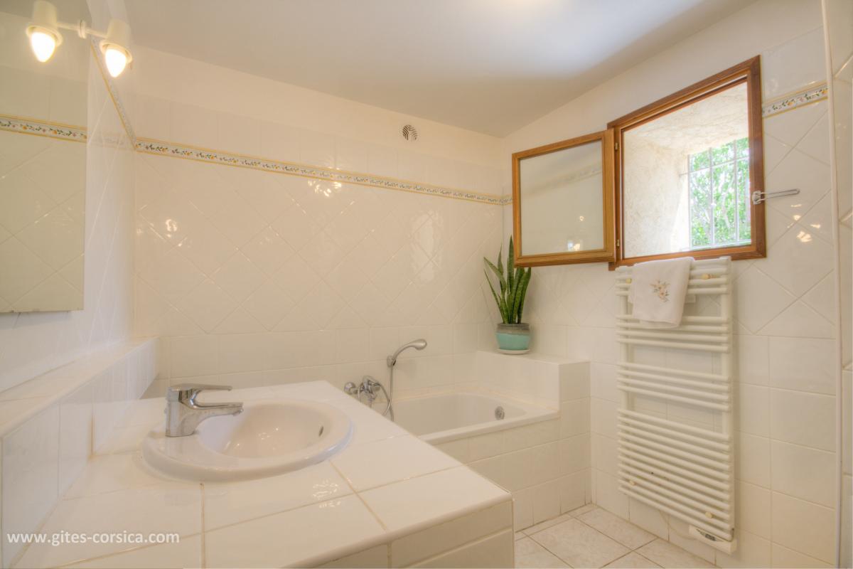 La salle de bains du rez de chauss�e avec baignoire et cabine de douche (� droite)