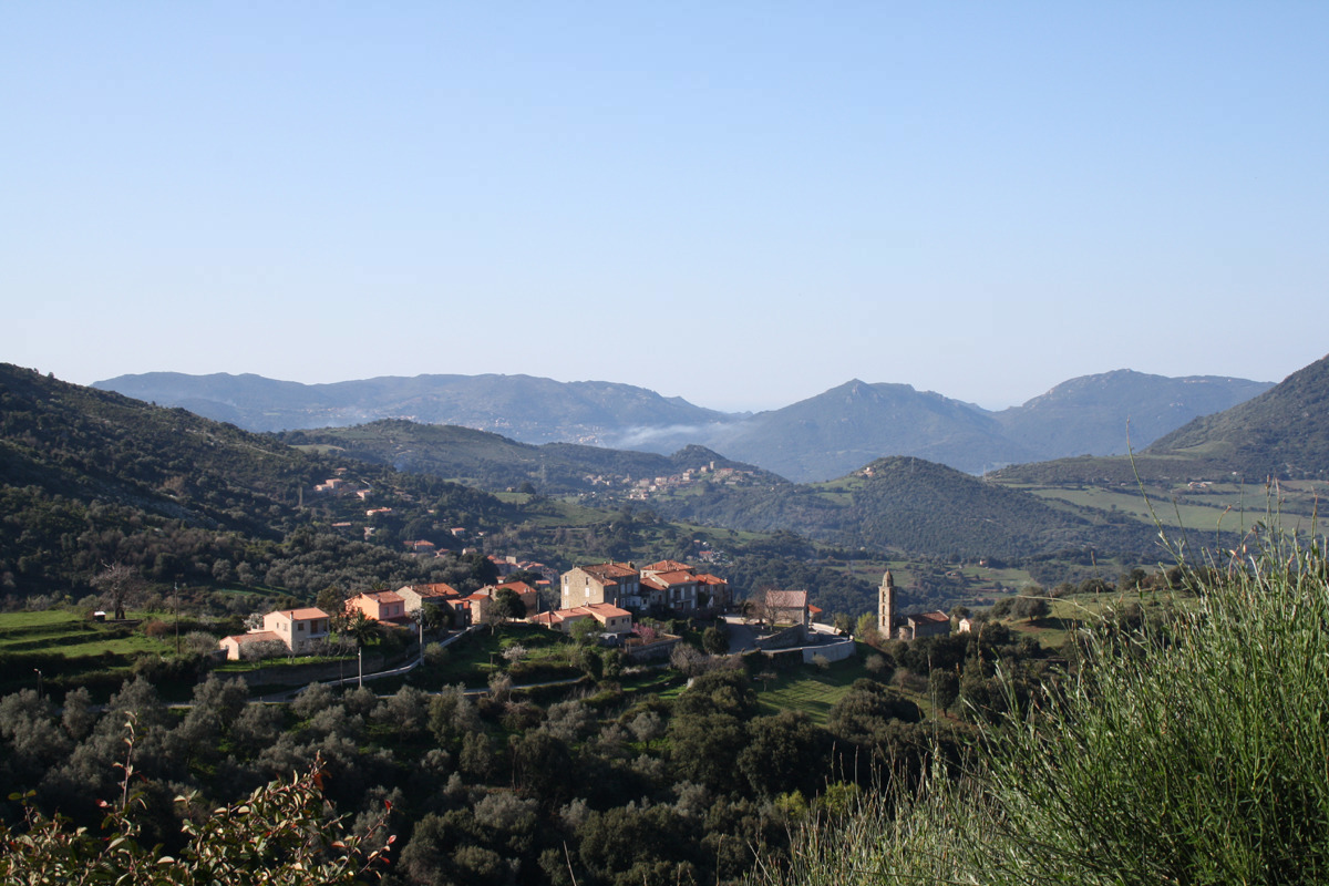 Vue de la terrasse sur la vall�e et le village de Santa-Maria Figaniella